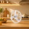 White ceiling fan with LED lighting, adjustable light color, 6 speeds, timer, and summer/winter modes.